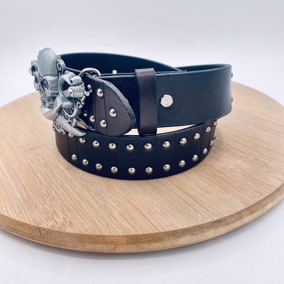 Jeans Friends Belt Womens S Black Full Grain Leather Silver Skull Buckle Pirate - Picture 4 of 10